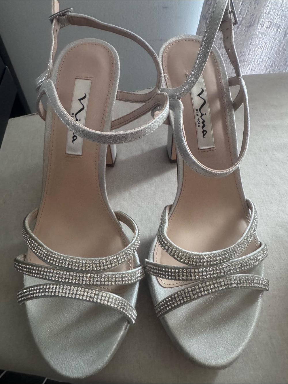 Nina Silver Rhinestone Strappy Block Heel Sandals